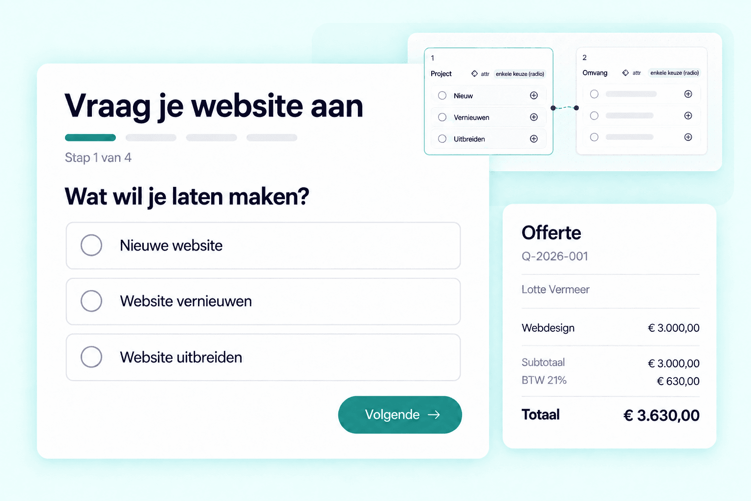Configurator met vragenbouwer en een automatisch samengestelde offerte.