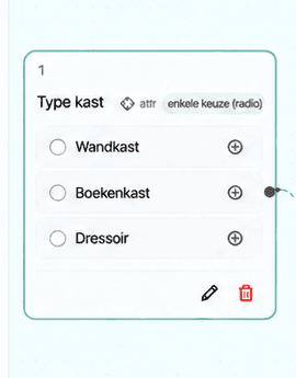 Gerichte uitsnede van de visuele formulierbouwer met drie verbonden keuzestappen.
